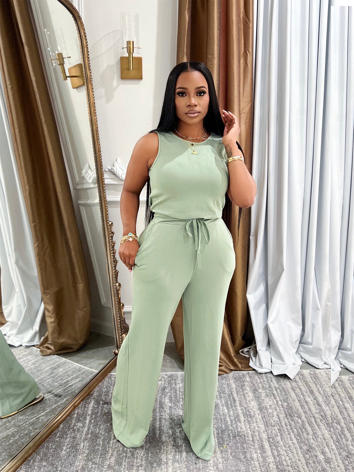 Casual Solid-Colored Lace-Up Jumpsuit