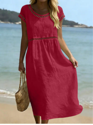 Elegant Round-Neck Cotton-Linen Dress With Embroidered Lace Trim