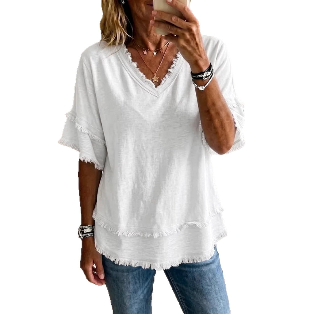 Women's V-Neck Pullover Short-Sleeve Loose Shirt