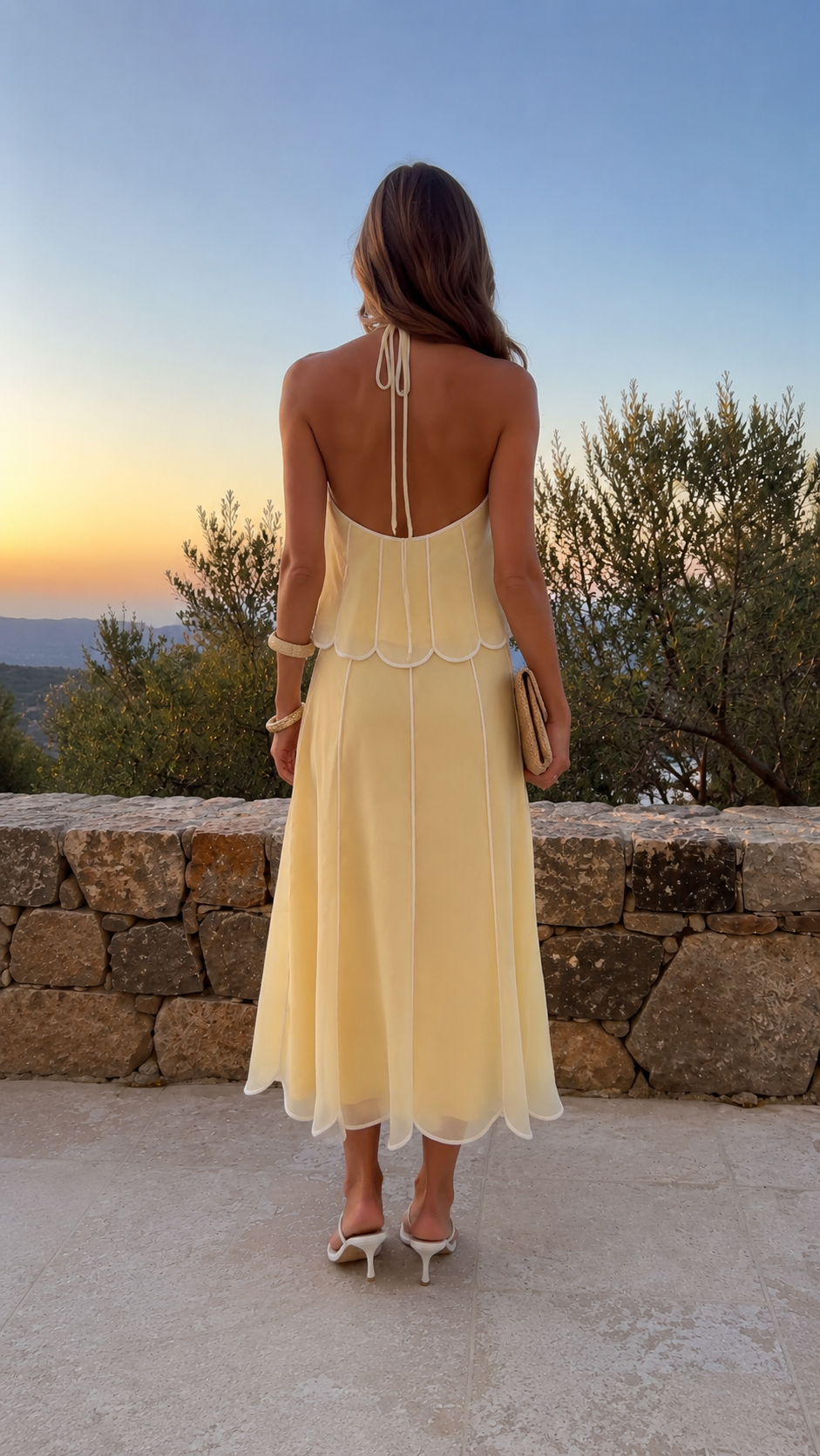 Halter Neck Scallop Trim Maxi Dress