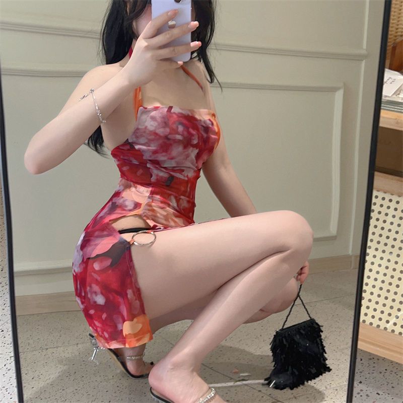 Figure-hugging Floral-print High-end Sophisticated Split Dress For Women