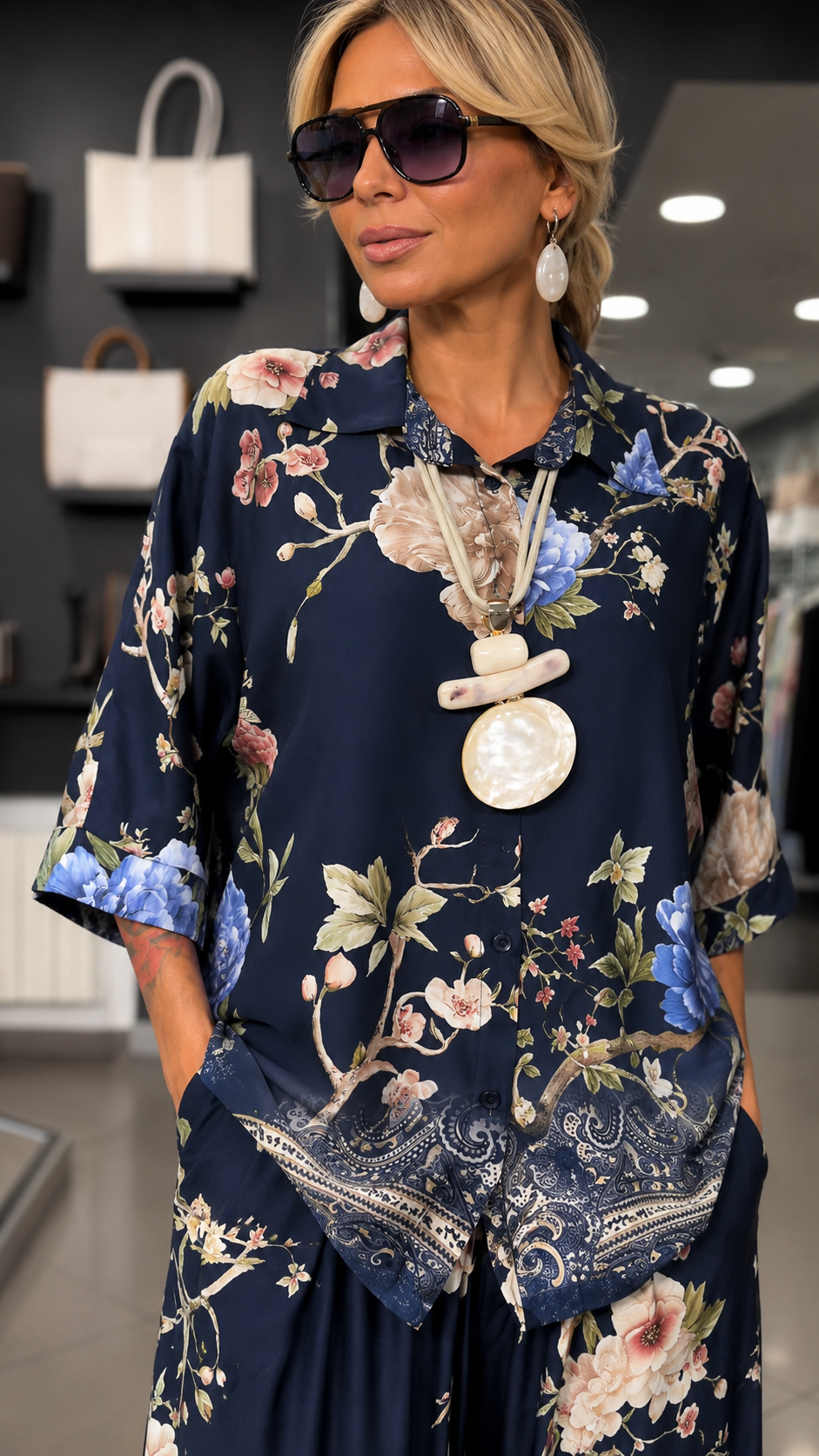 Floral Print Two Piece Set With Button Shirt & Wide Leg Pants