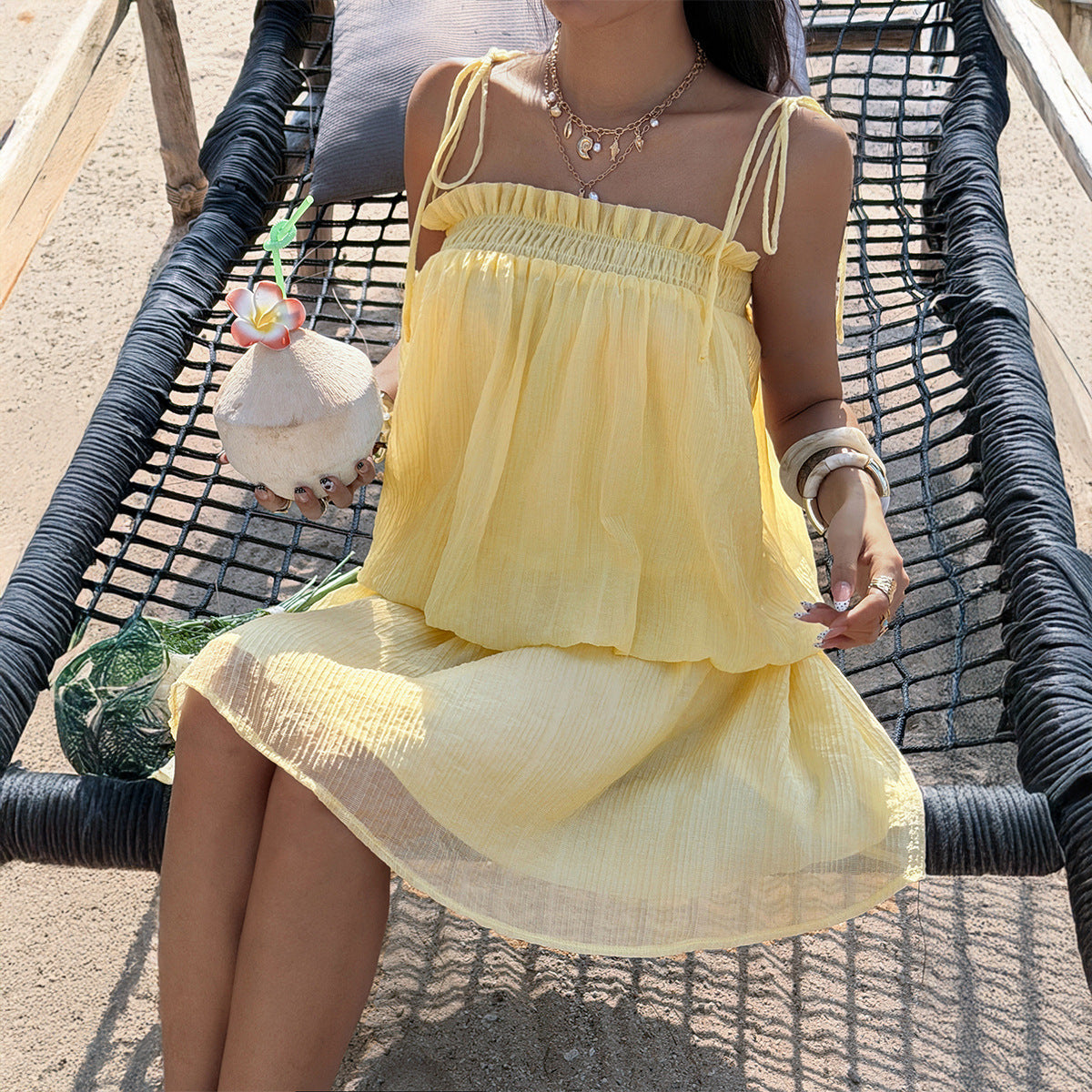 Resort-style Casual Tie-waist Solid-color Set