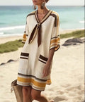 Lace-up V-neck Striped Print Short-sleeve A-line Skirt