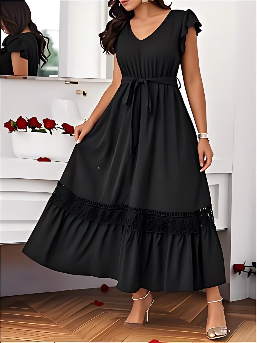 V-neck Womens Solid-Colored Lace-Patchwork Short-Sleeve Dress