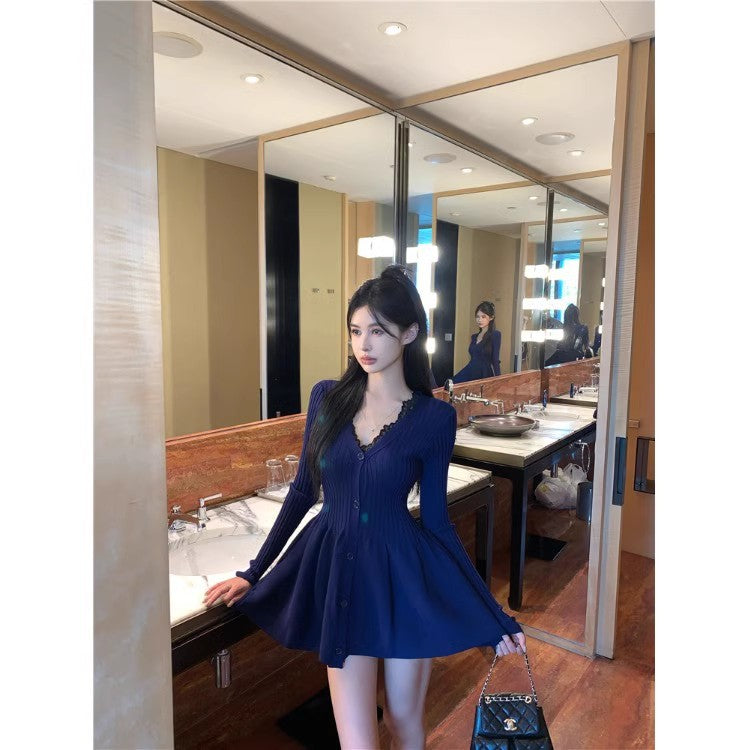 Women's Retro V-Neck Knitted Long-Sleeve Dress
