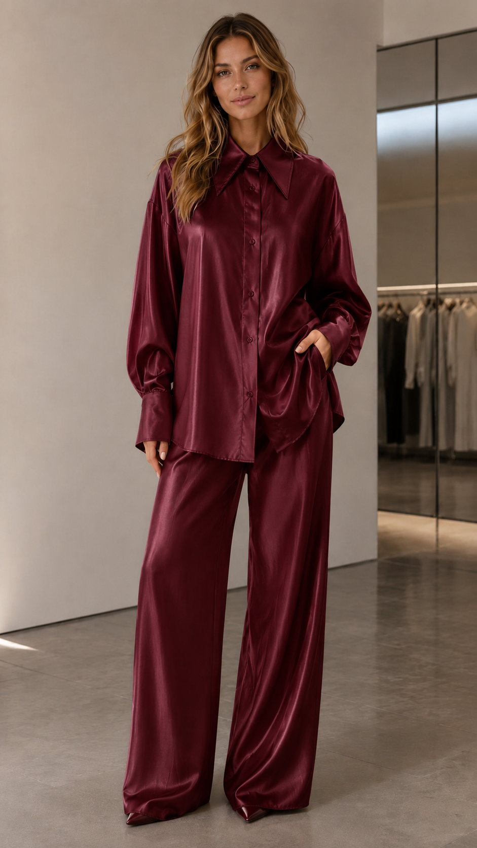 Satin Button-Up Wide Leg Set