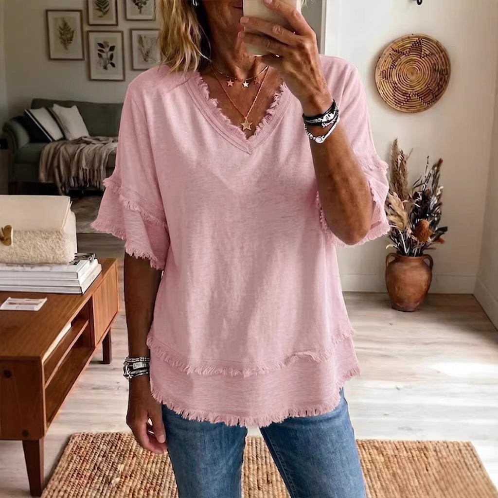 Women's V-Neck Pullover Short-Sleeve Loose Shirt