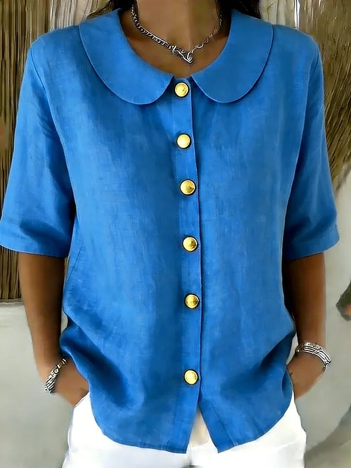 Elegant And Stylish Cotton-Linen Womens Short-Sleeve Shirt With Buttons