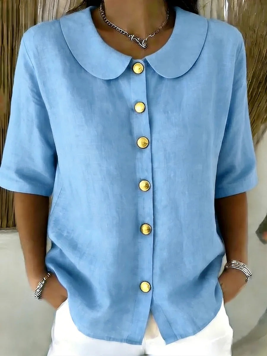 Elegant And Stylish Cotton-Linen Womens Short-Sleeve Shirt With Buttons