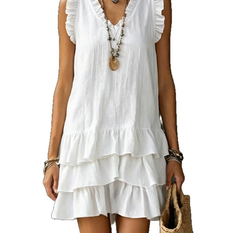 Women's Casual V-Neck Ruffle-Trim Sleeveless Dress