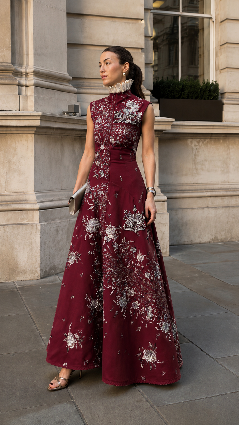 Embroidered Stand Collar Sleeveless Maxi Dress