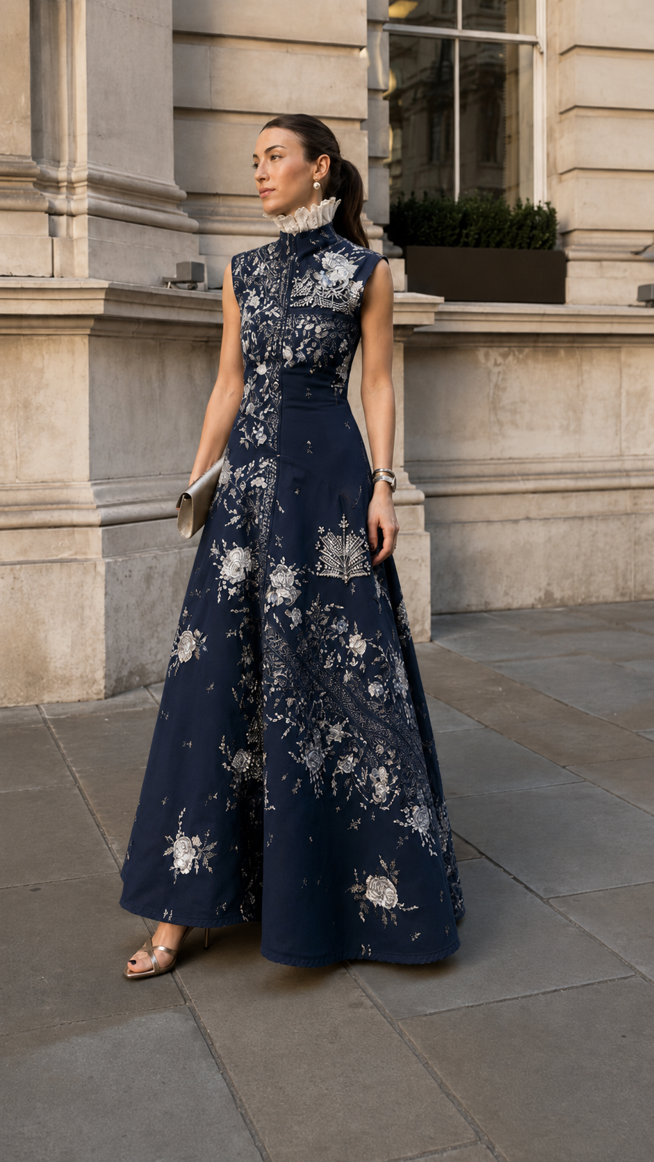 Embroidered Stand Collar Sleeveless Maxi Dress