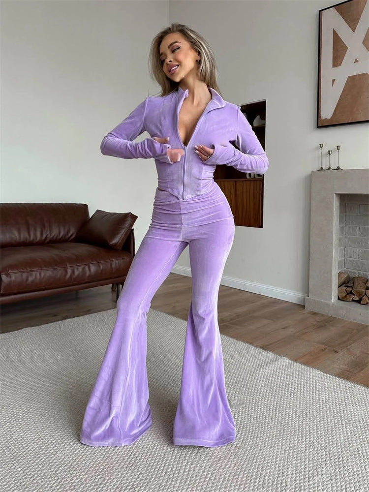 European And American-style Casual Solid-color Zip-up Long-sleeve Fitted Cardigan And Elastic Waist Pants