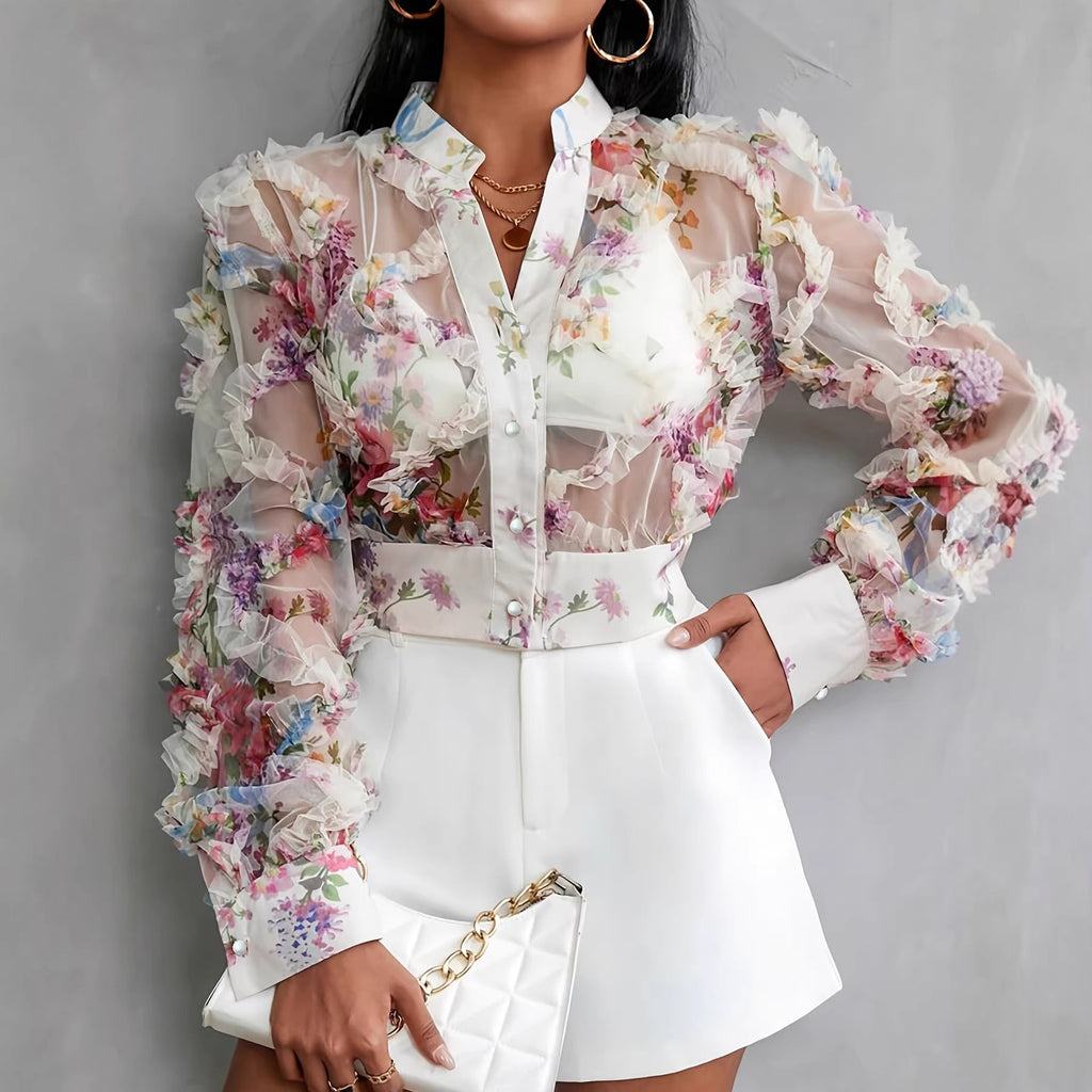 Niche Lace Floral Chiffon Shirt Long Sleeve Ruffle-trimmed Blouse