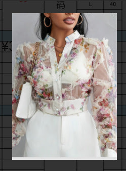 Niche Lace Floral Chiffon Shirt Long Sleeve Ruffle-trimmed Blouse