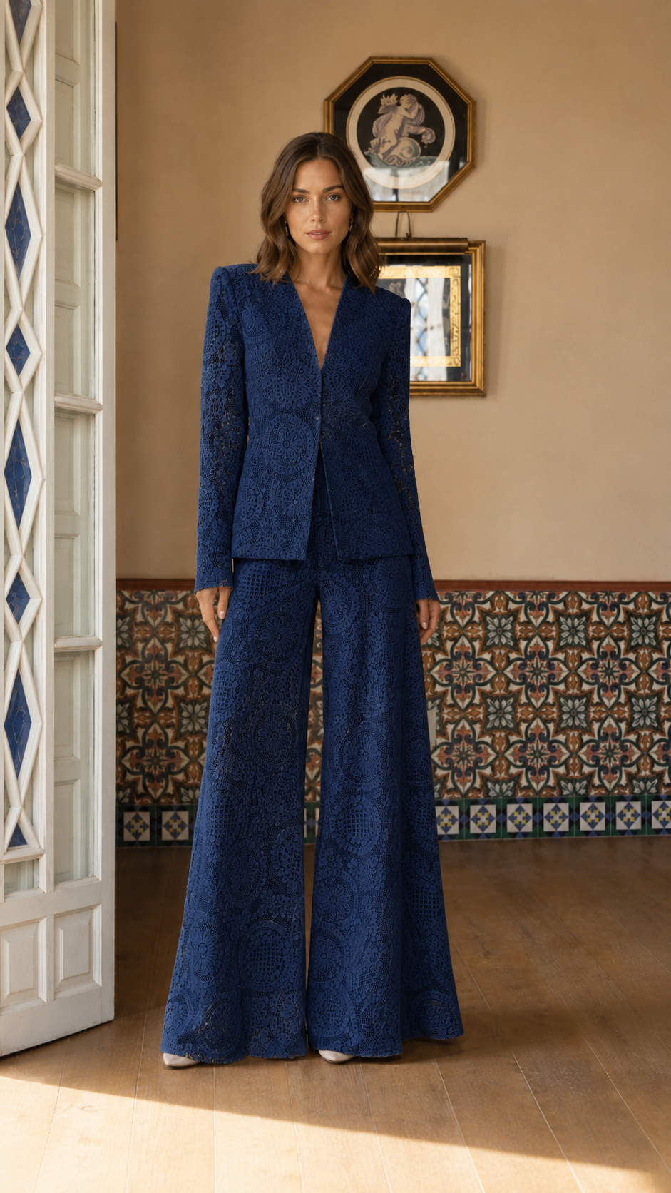 Elegant Lace Blazer & Wide Leg Pants Set