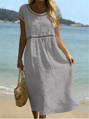 Elegant Round-Neck Cotton-Linen Dress With Embroidered Lace Trim