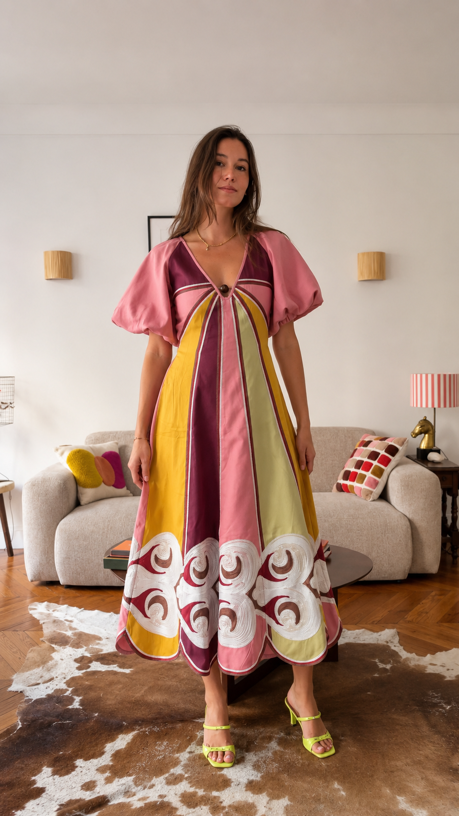 Women's Color Block Embroidered Midi Dress
