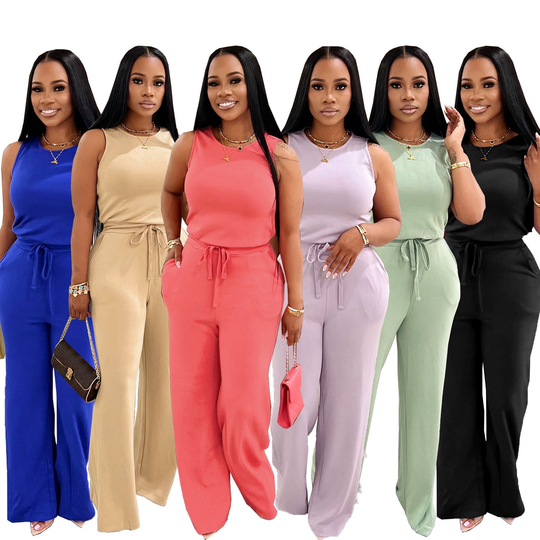 Summer New All-Match EuropeanAmerican Style Fashionable Slimming Casual Solid-Colored Lace-Up Jumpsuit