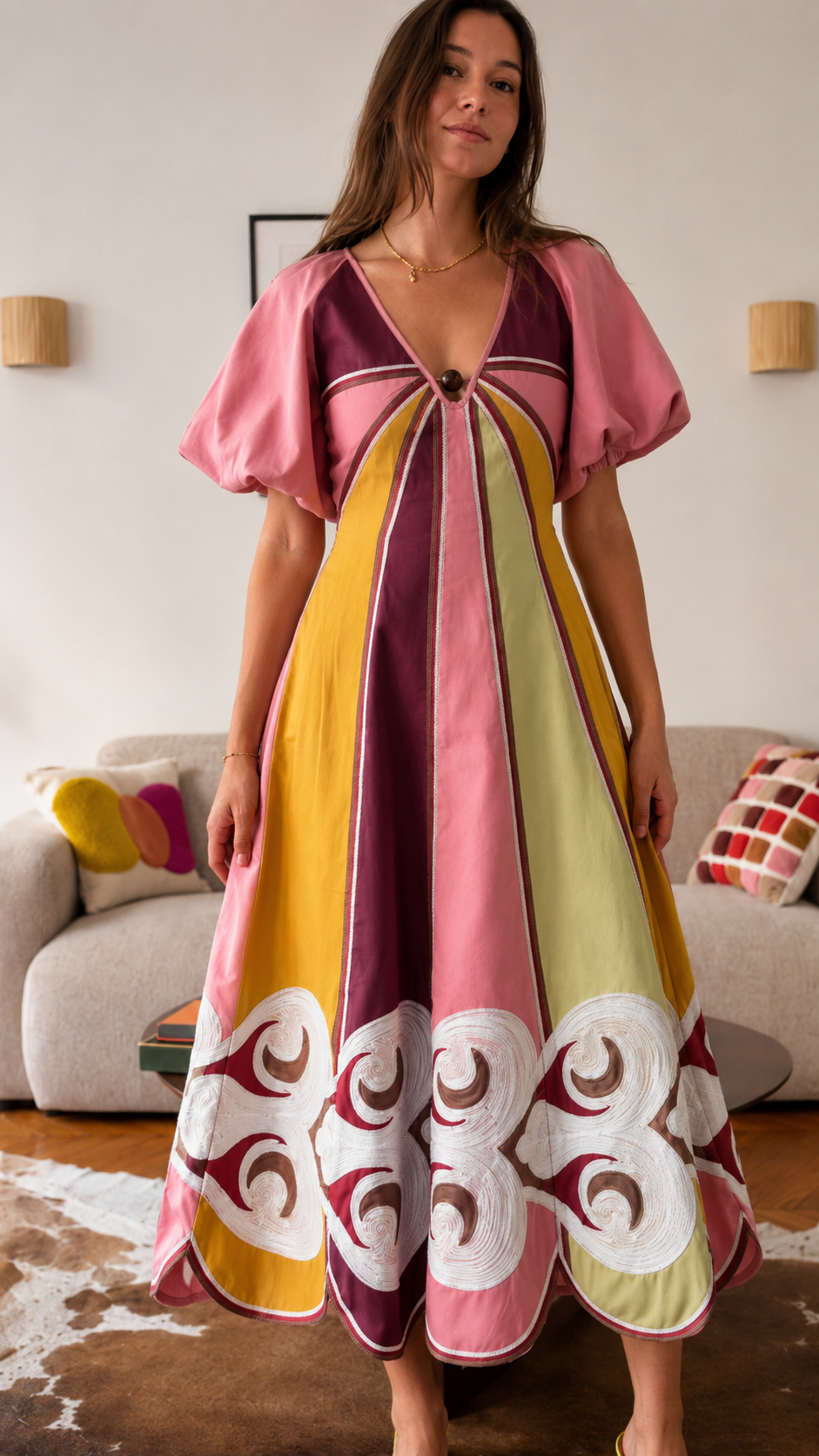 Women's Color Block Embroidered Midi Dress