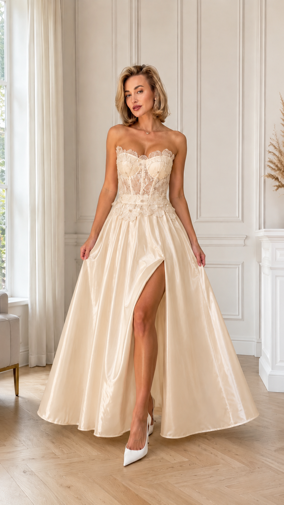 Lace Corset Satin Maxi Dress With High Slit