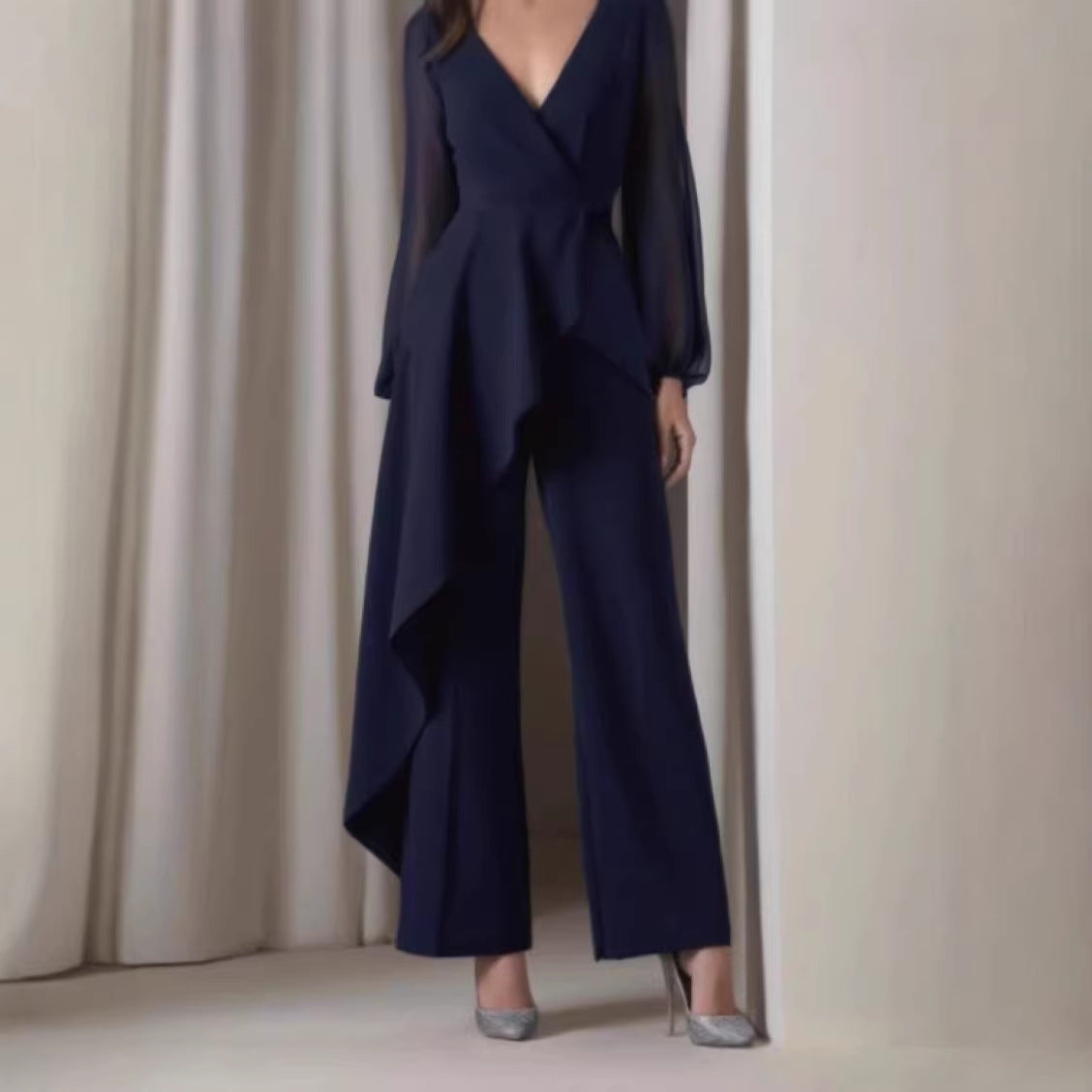 European And American Elegant Chic Casual Jumpsuit In Navy Blue