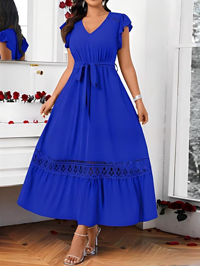 V-neck Womens Solid-Colored Lace-Patchwork Short-Sleeve Dress