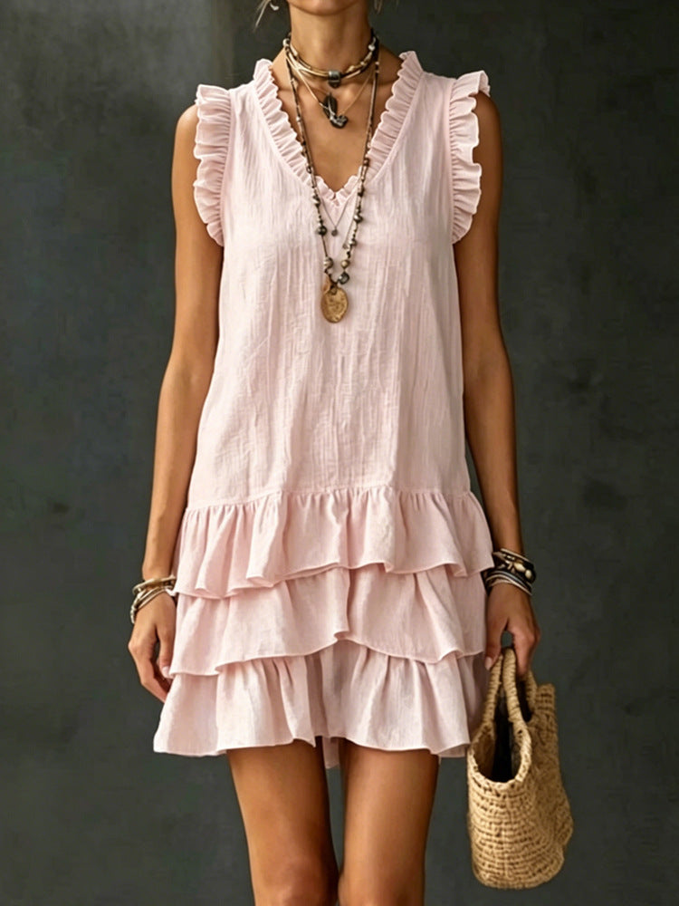 Women's Casual V-Neck Ruffle-Trim Sleeveless Dress
