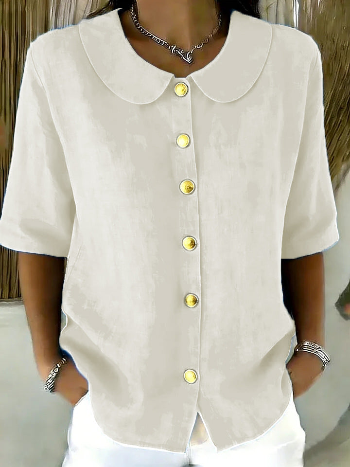 Elegant And Stylish Cotton-Linen Womens Short-Sleeve Shirt With Buttons