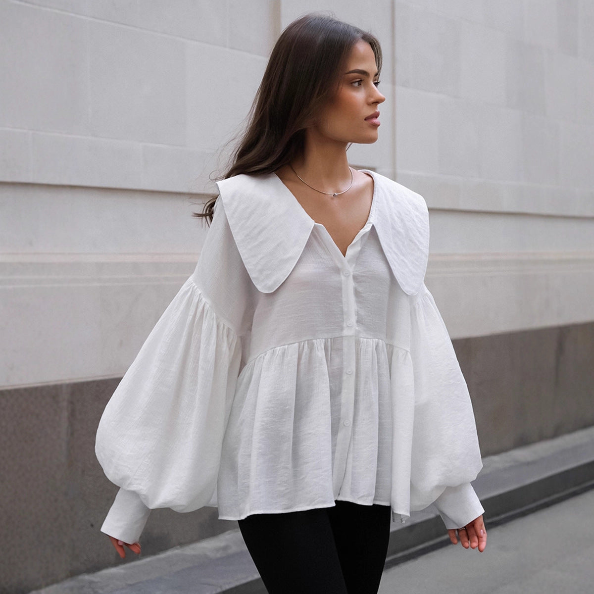 White Doll-collar Shirt With Lantern Sleeves