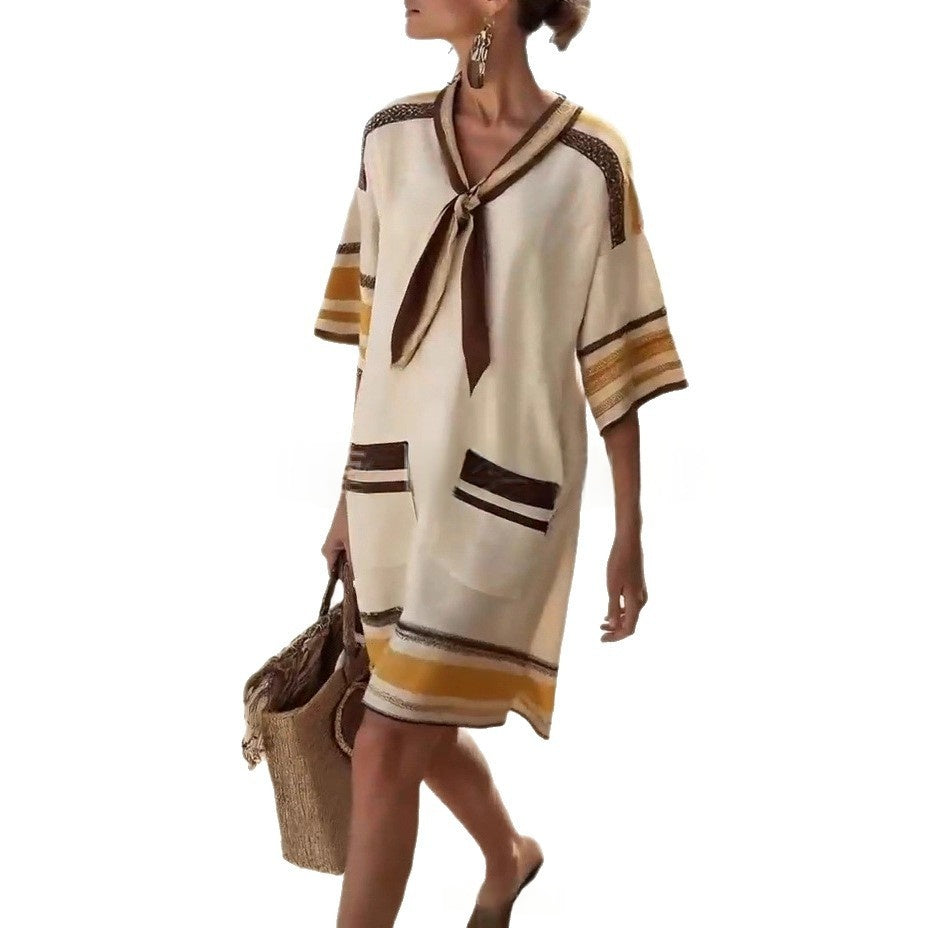 Lace-up V-neck Striped Print Short-sleeve A-line Skirt