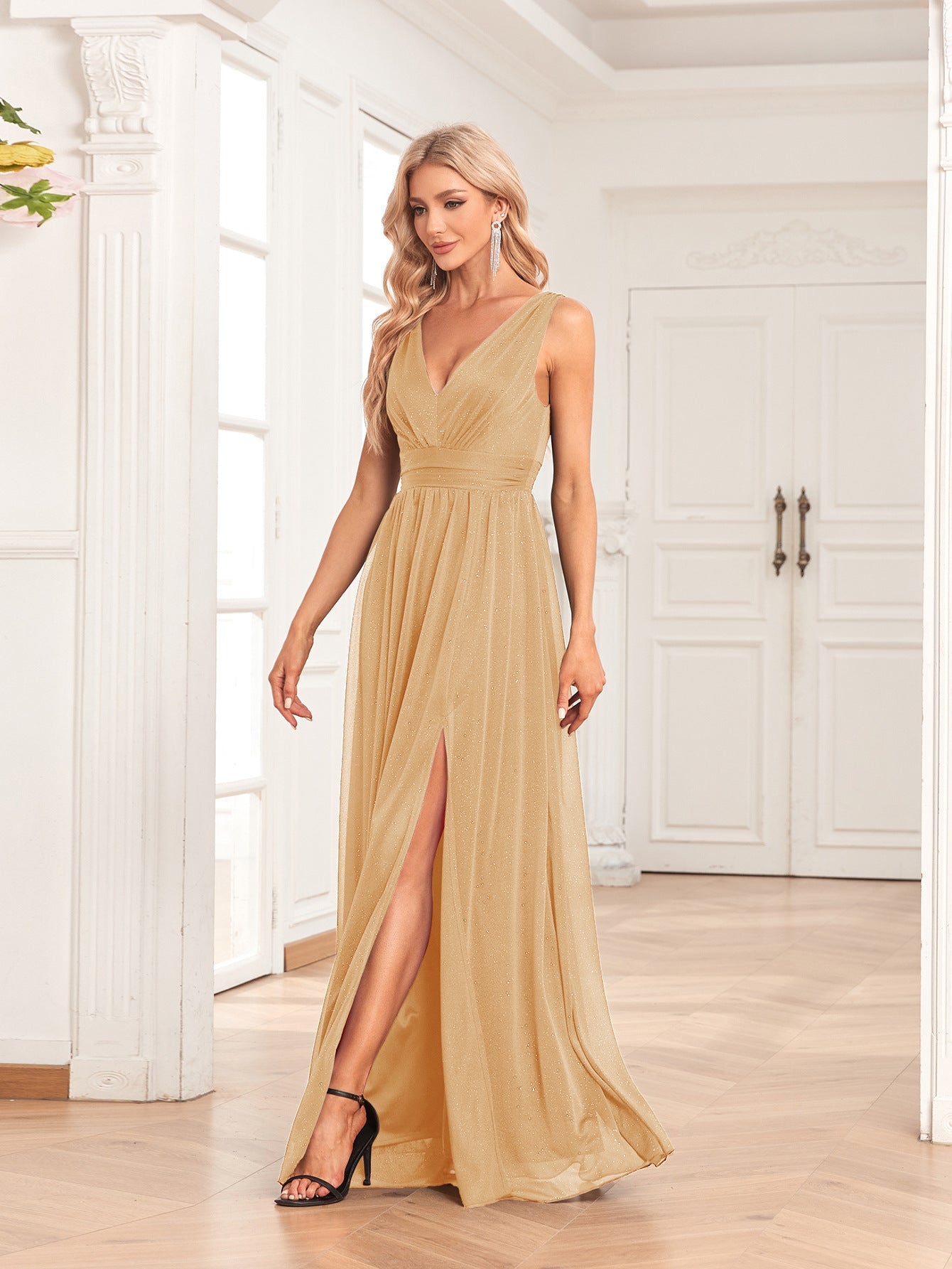 Double V-neck A-line Floor-length Dress With Side Slits
