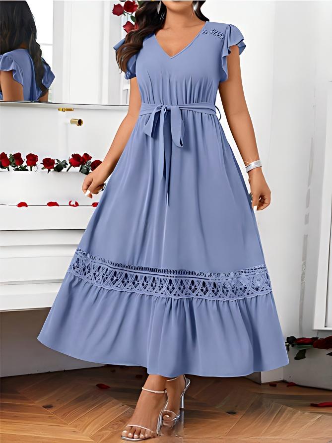 V-neck Womens Solid-Colored Lace-Patchwork Short-Sleeve Dress