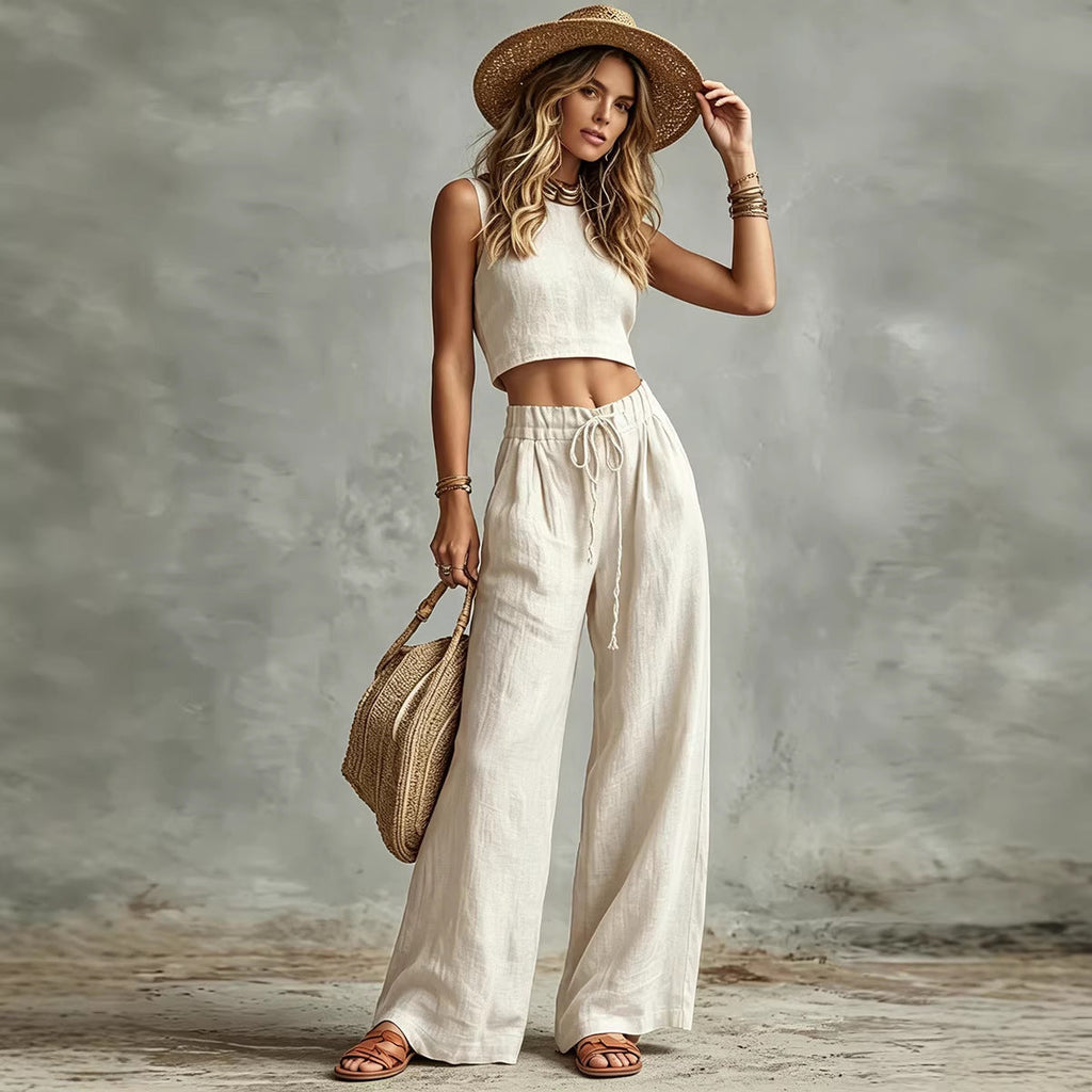 Vest Drawstring High-Waist Wide-Leg Pants Two-Piece Set