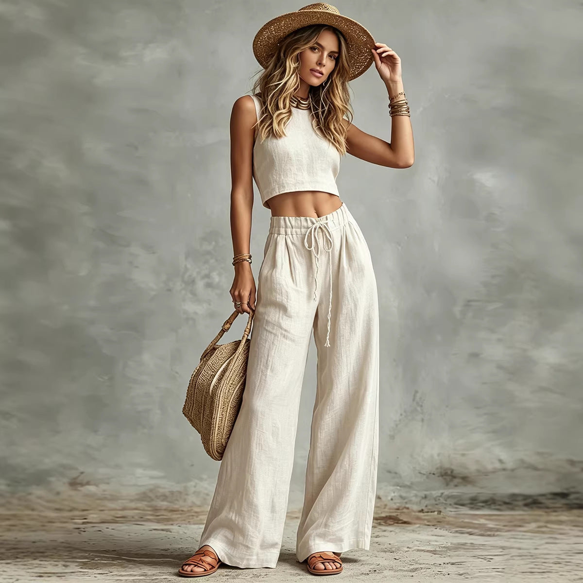 Vest Drawstring High-Waist Wide-Leg Pants Two-Piece Set