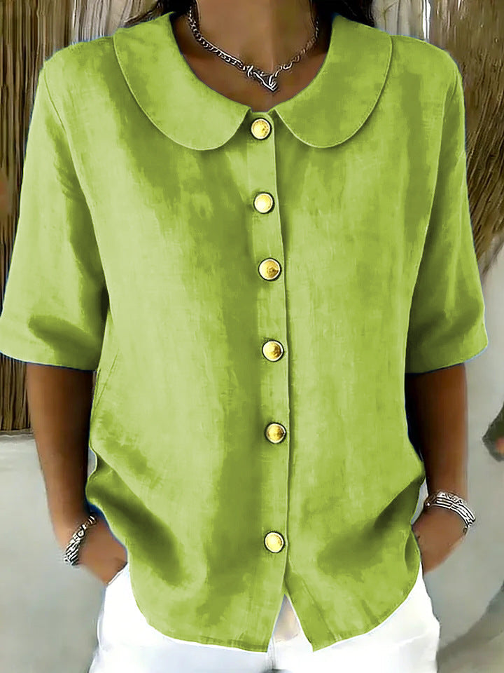 Elegant And Stylish Cotton-Linen Womens Short-Sleeve Shirt With Buttons