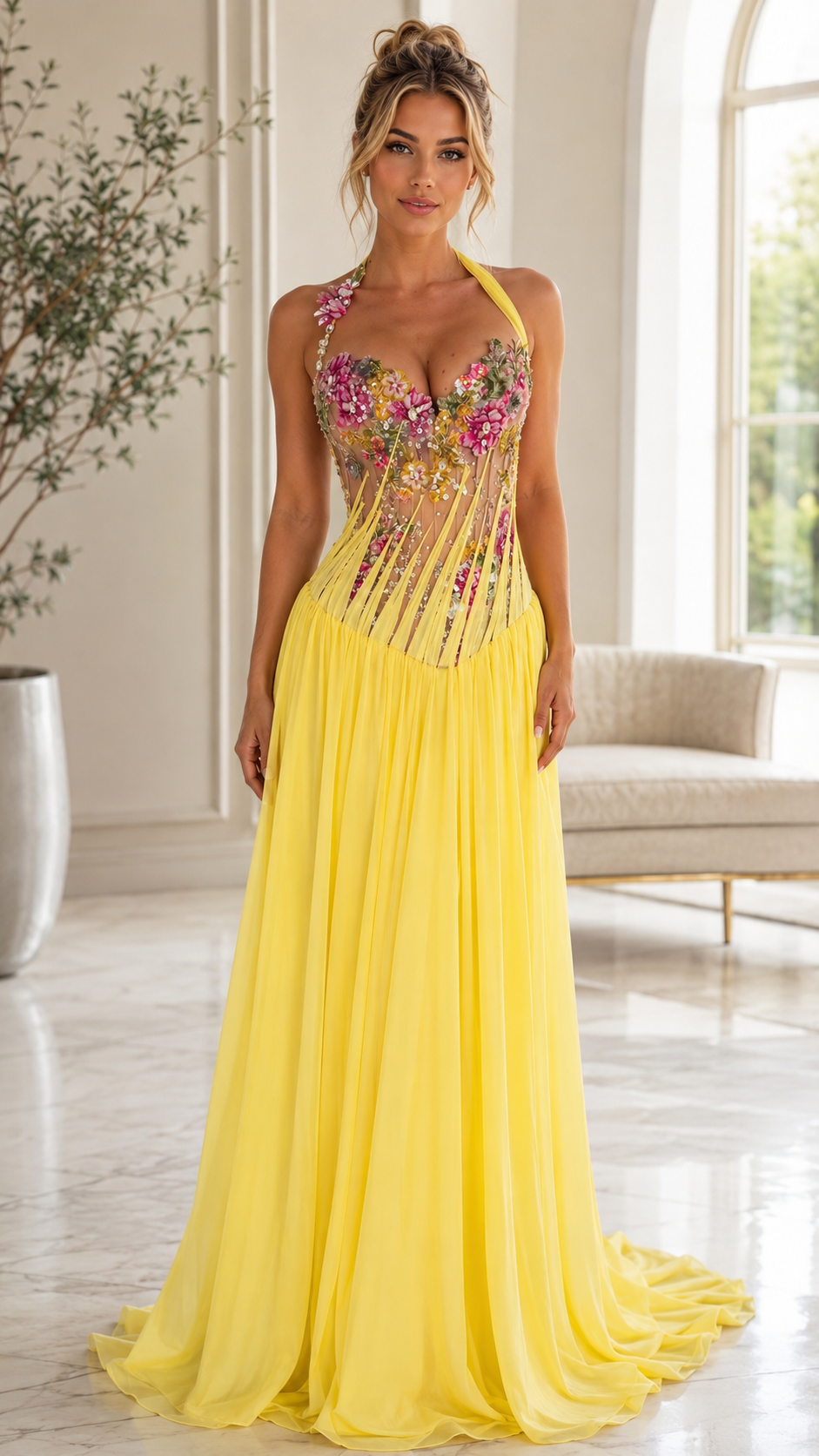 Floral Appliqué Halter Maxi Dress