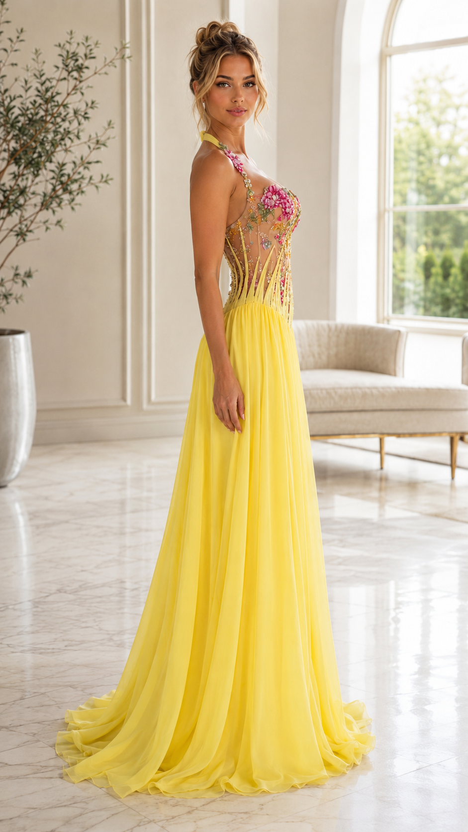 Floral Appliqué Halter Maxi Dress