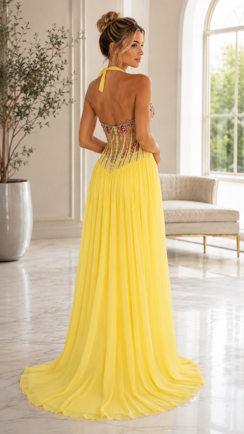 Floral Appliqué Halter Maxi Dress