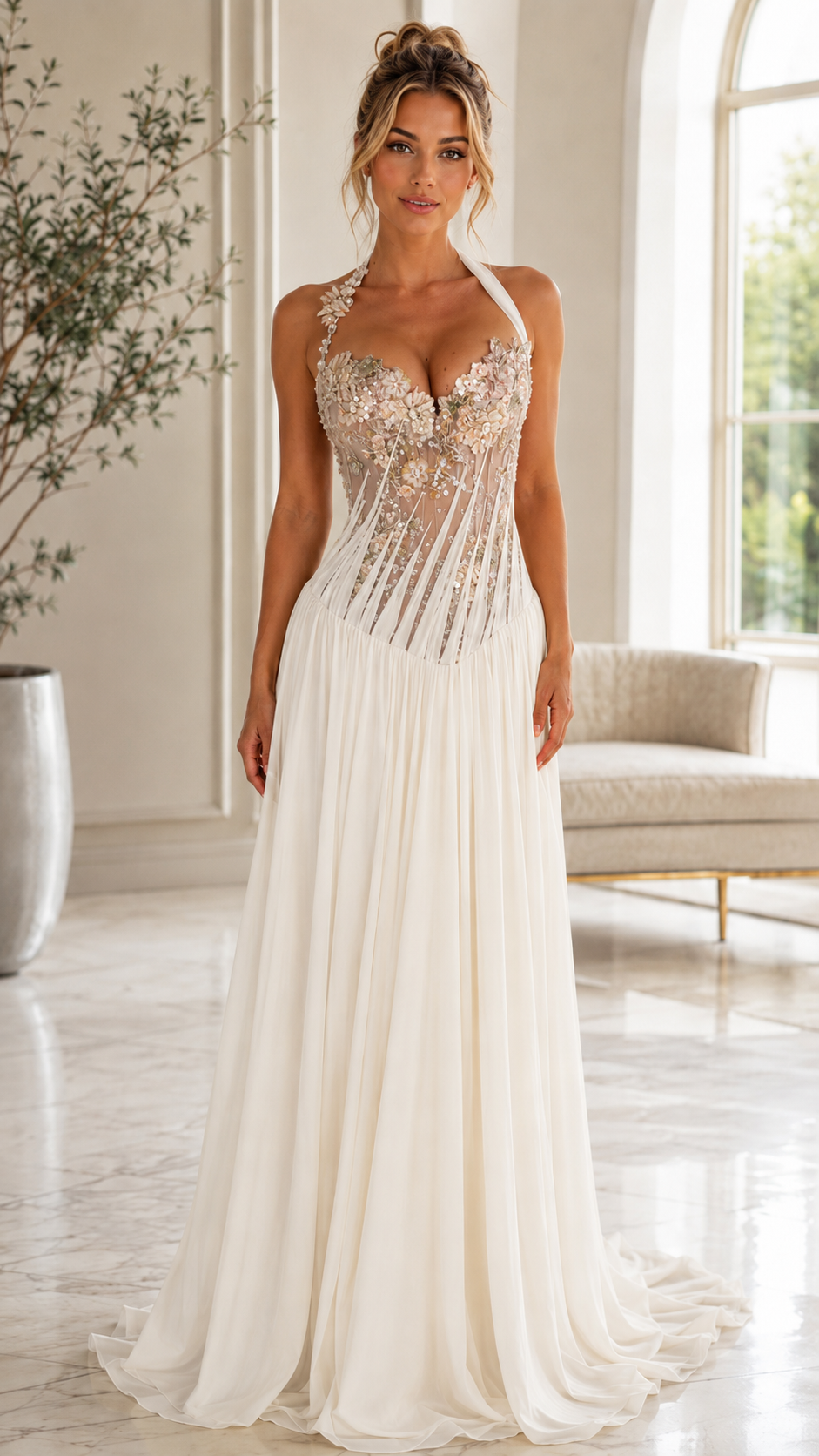 Floral Appliqué Halter Maxi Dress