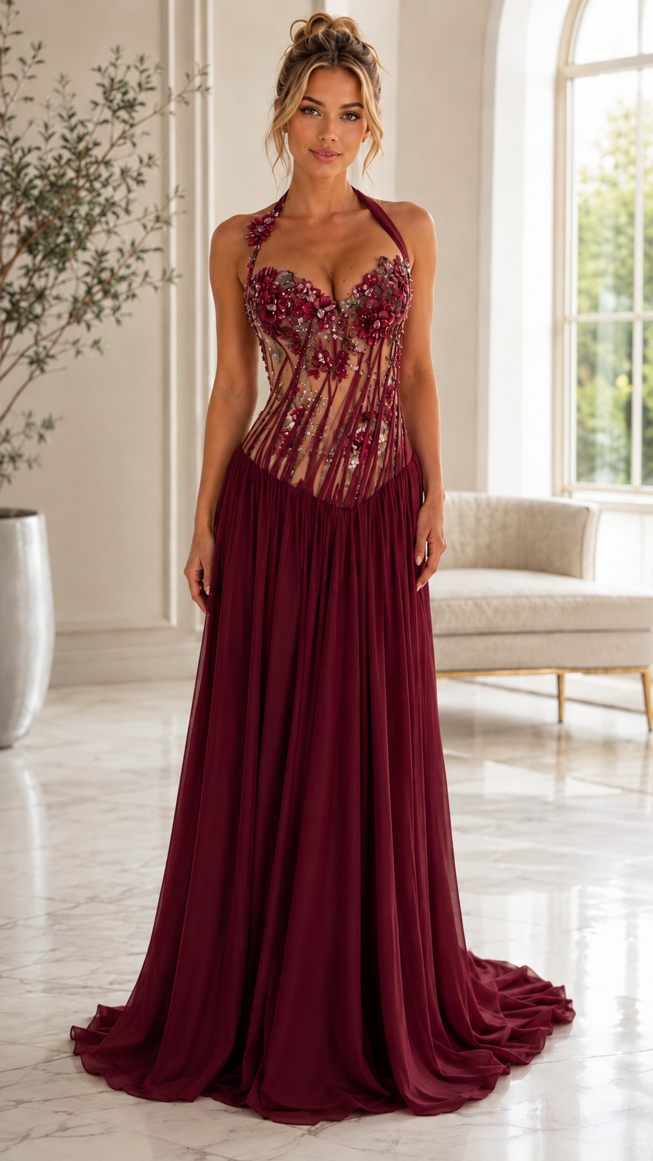 Floral Appliqué Halter Maxi Dress