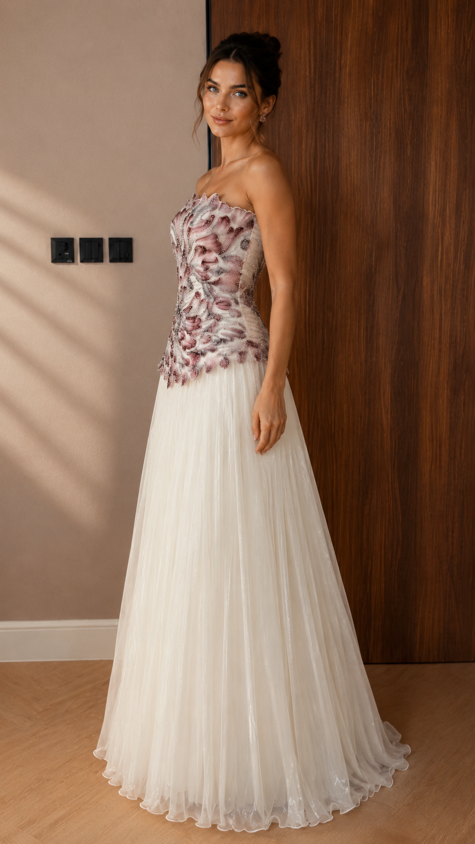 Strapless Floral Appliqué Maxi Dress
