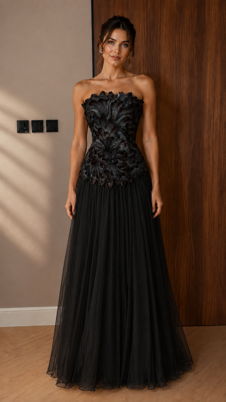 Strapless Floral Appliqué Maxi Dress