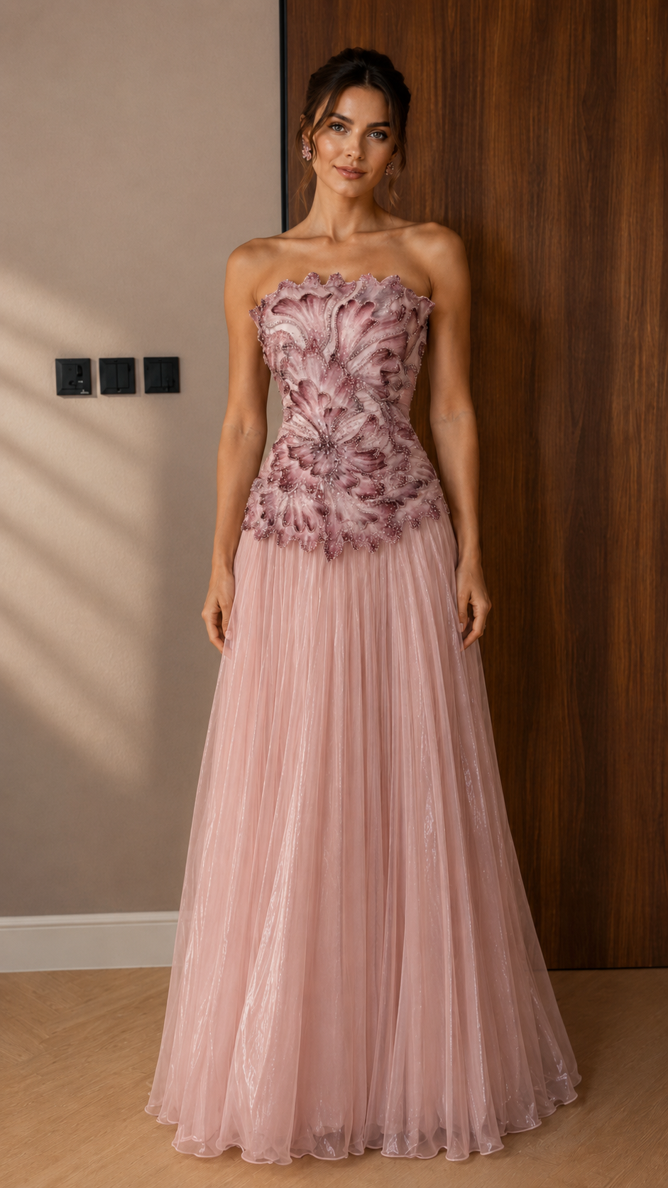 Strapless Floral Appliqué Maxi Dress