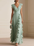 Elegant V Neck Ruffle Maxi Dress With Flutter Sleeves