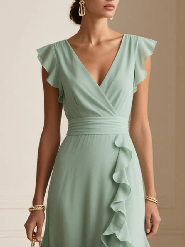 Elegant V Neck Ruffle Maxi Dress With Flutter Sleeves