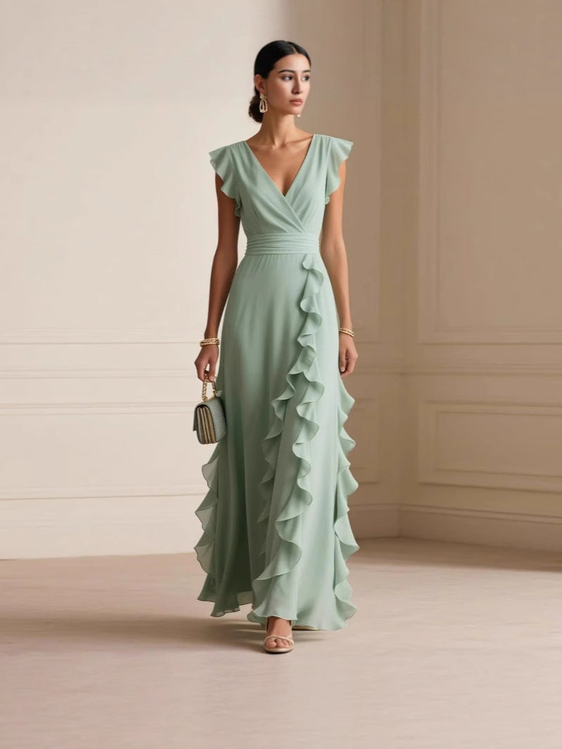 Elegant V Neck Ruffle Maxi Dress With Flutter Sleeves