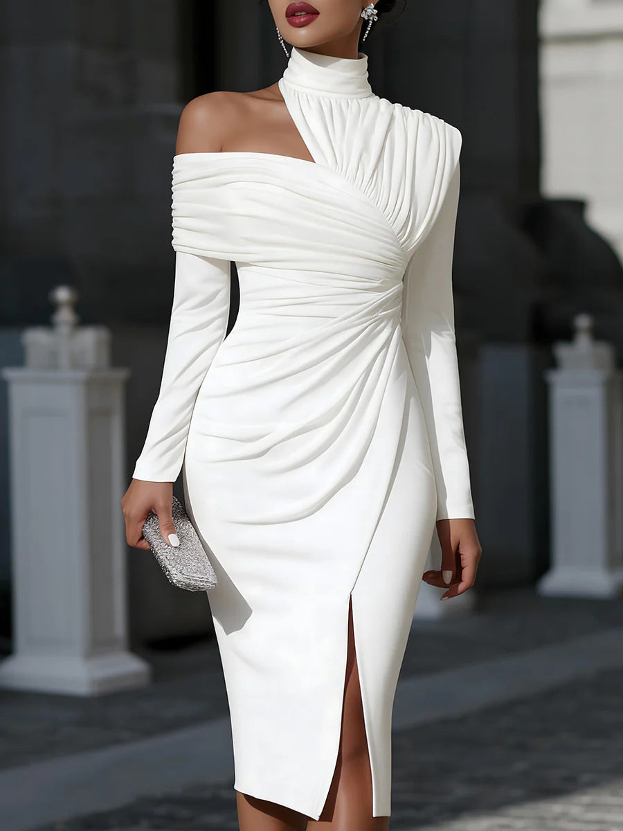 2026 One-Shoulder Ruched Midi Dress