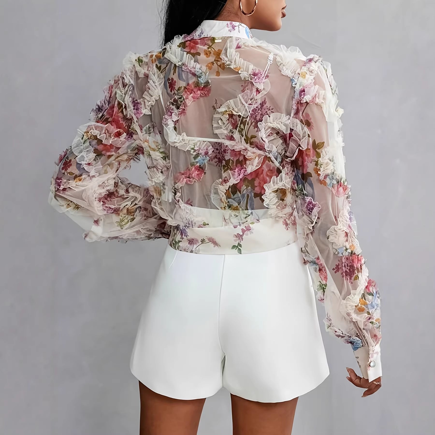 Niche Lace Floral Chiffon Shirt Long Sleeve Ruffle-trimmed Blouse